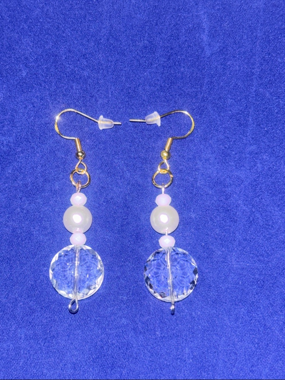 Handmade Gold Hook Clear Crystal and Ivory Pearl Dangle Earrings